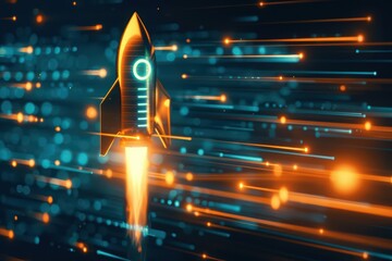 An otherworldly rocket powered by supernatural energy, propelling a company into a realm of prosperity, high tech, with copy space