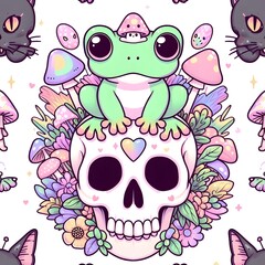 Cute Frog Sitting on a Skull with Flowers and Mushrooms