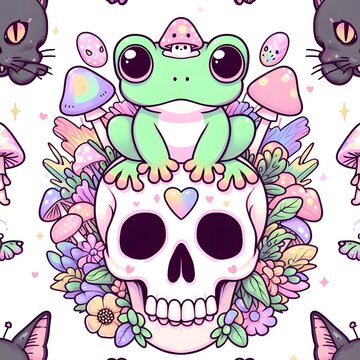 Cute Frog Sitting on a Skull with Flowers and Mushrooms
