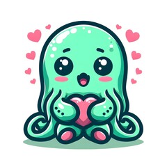 Cute Green Octopus Holding a Heart