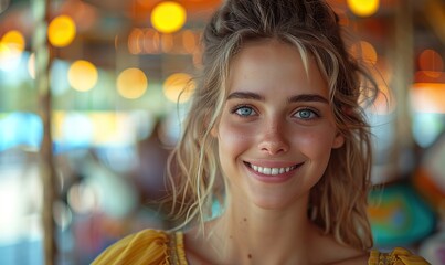 Fototapeta premium A beautiful, happy young woman smiles on a carousel at Luna Park.