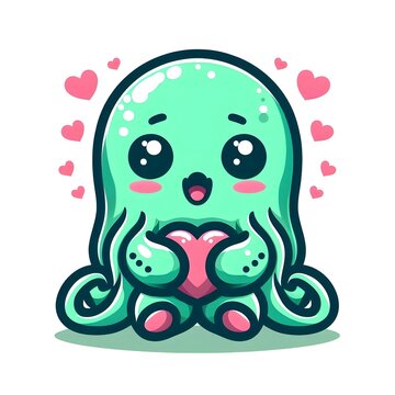 Cute Green Octopus Holding a Heart