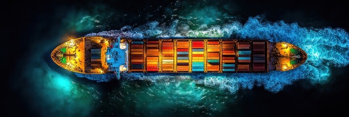 A cargo ship sails through dark waters with glowing containers illuminating the night