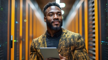 A man uses a tablet while standing in a data center filled with servers