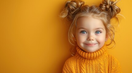 Smiling child poses in bright sweater against a vibrant yellow backdrop