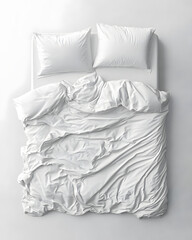 Obraz premium Blank white bed mock up, top view isolated on white background. Empty blanket and pillows mockup in bedstead