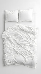 Blank white bed mock up, top view isolated on white background. Empty blanket and pillows mockup in bedstead