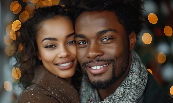 A beautiful, multiracial couple laughed together, celebrating Christmas Day at home. - Powered by Adobe
