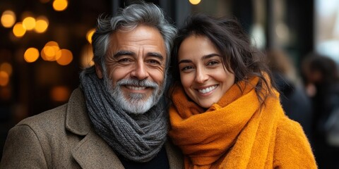 Fototapeta premium A joyful couple stands together, wrapped in scarves, smiling warmly in a café