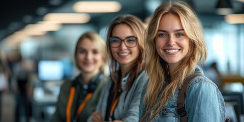Fototapeta premium Three young women smile while standing together in a vibrant work environment