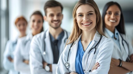 Fototapeta premium Dedicated Healthcare Professionals Smiling Together in Modern Clinic. AI Generated