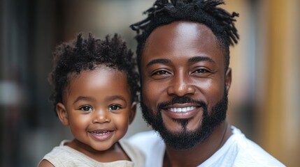 A joyful father holds his smiling child outdoors, sharing a moment of happiness