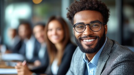 Fototapeta premium A young man smiles confidently during a collaborative business meeting