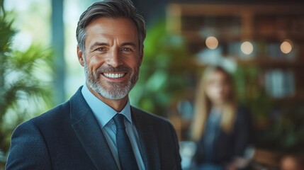 Fototapeta premium A well-dressed man smiles warmly in a contemporary office filled with greenery