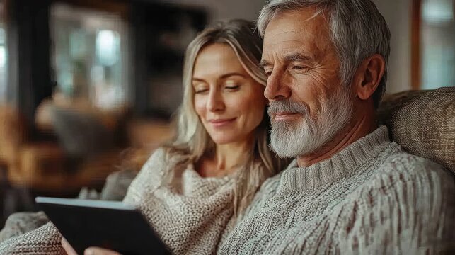 A couple sits closely, sharing a moment while using a tablet in their comfortable living room