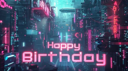Obraz premium A bustling neon city adorned with bright signs and glowing lights, showcasing a birthday celebration amidst futuristic surroundings.
