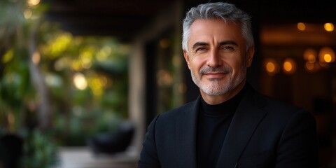 A well-dressed man smiles warmly while standing outdoors surrounded by lush greenery