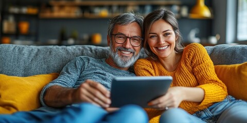 A happy couple shares a joyful moment while using a tablet in a comfortable space
