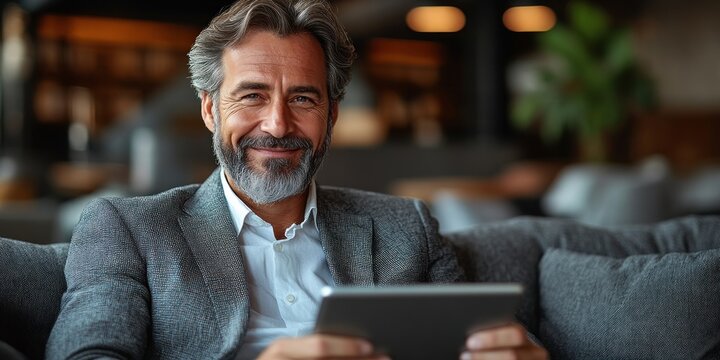 A man enjoys using his tablet while seated comfortably in a stylish café