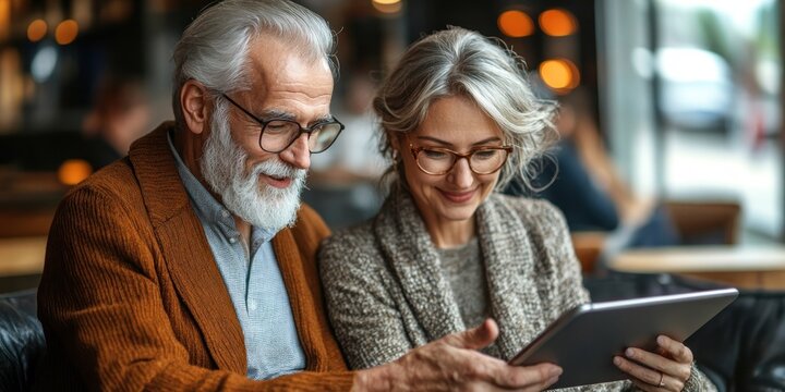 Elderly couple shares a joyful moment while engaging with a tablet in a café