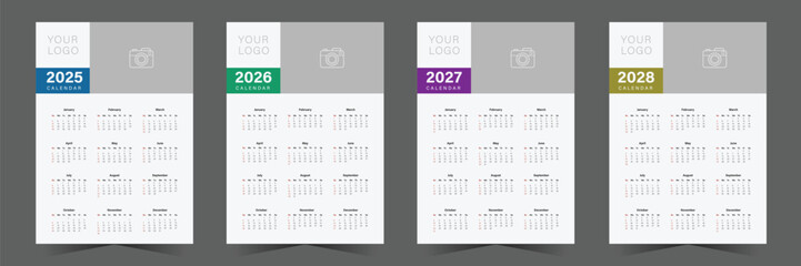 Wall calendar design for 2025, 2026, 2027, 2028. One page wall calendar template design, week starts on sunday, minimalist style