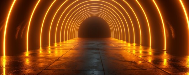 Futuristic tunnel with glowing yellow neon lights on wet reflective floor