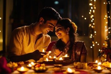 Couple Lighting Diyas During Diwali Celebration