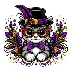 Dapper Cat with Bow Tie and Glasses in Floral Frame