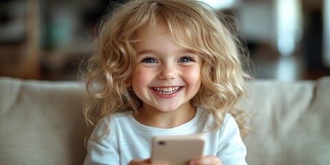 Fototapeta premium Cheerful child excitedly interacts with a smartphone while sitting on a couch