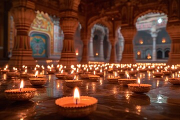 Rows of Lit Candles Inside an Ornate Indian Temple