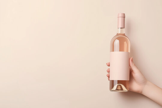 Hand holding rose wine bottle mockup with blank label on beige background, perfect for branding and design