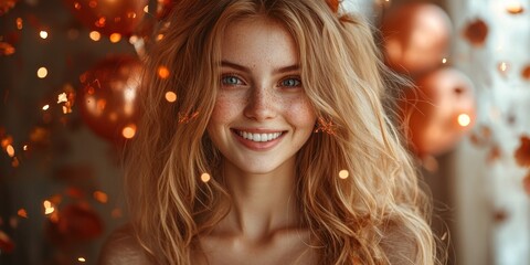 Fototapeta premium A cheerful young woman smiles amid golden lights and autumn decorations