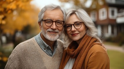 Happy couple embraces outdoors surrounded by autumn foliage and charming homes