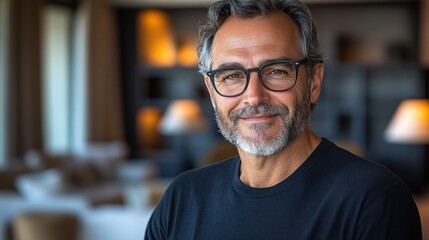 Fototapeta premium A man with glasses smiles warmly in a stylish lounge setting