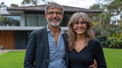 Fototapeta premium A smiling couple stands arm in arm outside their contemporary home