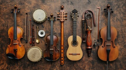 Naklejka premium Happy World Music Day! Musical instruments arranged on a brown background.