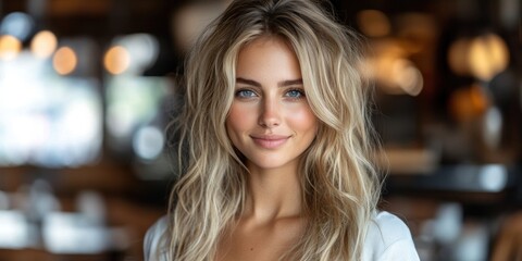 Obraz premium A cheerful young woman with long hair smiles warmly at the café