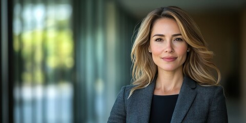 Fototapeta premium Confident woman stands in a bright office, smiling warmly at the camera