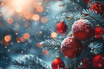 Festive Christmas Ornaments on a Snowy Tree with Glowing Bokeh Lights