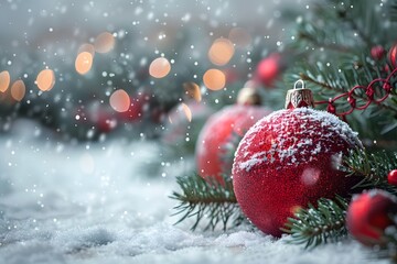 Obraz premium Festive Christmas Ornaments Amidst Snowy Pine Branches