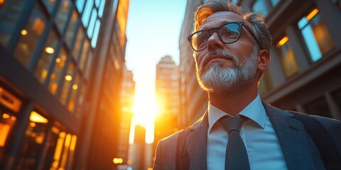 A man in a suit reflects in the warm glow of a sunset while walking downtown