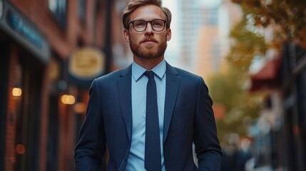 Fototapeta premium Young businessman strolls confidently through a vibrant urban neighborhood at sunset