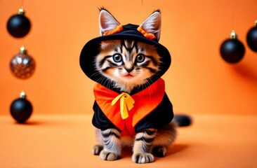 Cat in halloween costume. Cat halloween party costume. Friend with orange backgound. Halloween theme.