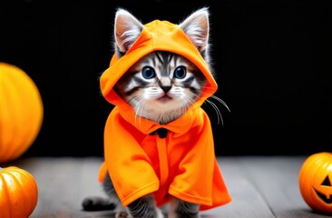 Cat in halloween costume. Cat halloween party costume. Friend with orange backgound. Halloween theme.