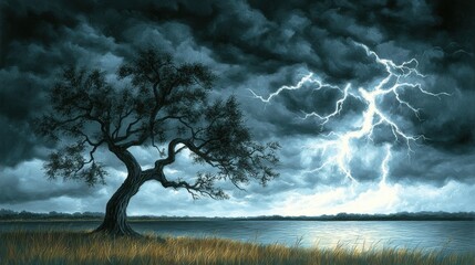 Dramatic Sky with Lightning and Lone Tree