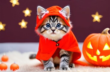 Cat in halloween costume. Cat halloween party costume. Friend with orange backgound. Halloween theme.