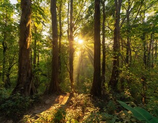 Obraz premium Sun beams through thick trees branches in dense green forest