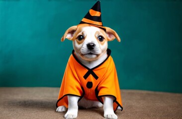 Dog in halloween costume. Dog halloween party costume. Friend with orange backgound. Halloween theme.