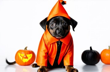 Dog in halloween costume. Dog halloween party costume. Friend with orange backgound. Halloween theme.
