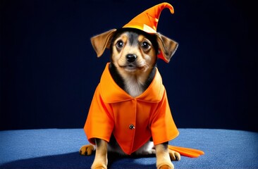 Dog in halloween costume. Dog halloween party costume. Friend with orange backgound. Halloween theme.